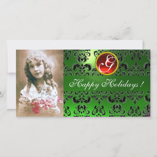 BLACK EN GREEN DAMASK Red Ruby Monogram Feestdagenkaart (Voorkant)