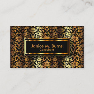 Black en Metallic Gold Floral Damask Visitekaartje