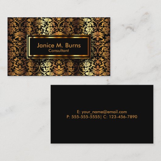 Black en Metallic Gold Floral Damask Visitekaartje (Voorkant / Achterkant)
