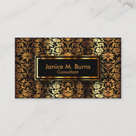 Black en Metallic Gold Floral Damask Visitekaartje (Voorkant)