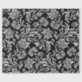Black en Metallic Silver Floral Damaskers Cadeaupapier (Vlak)