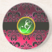 BLACK EN PINK DAMASK Green Emerald Monogram Zandsteen Onderzetter (Voorkant)