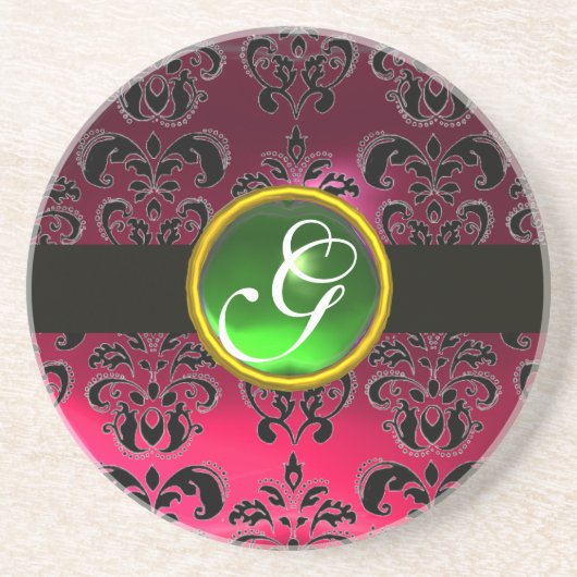BLACK EN PINK DAMASK Green Emerald Monogram Zandsteen Onderzetter (Voorkant)