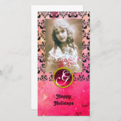 BLACK EN PINK DAMASK Red Ruby Monogram Feestdagenkaart (Voorkant / Achterkant)