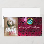 BLACK EN PINK DAMASK Sapphire Monogram Feestdagenkaart (Voorkant / Achterkant)