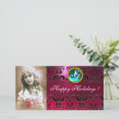 BLACK EN PINK DAMASK Sapphire Monogram Feestdagenkaart (Staand voorkant)