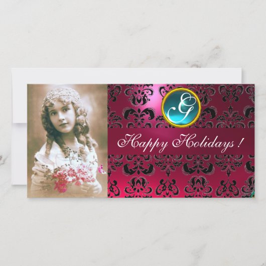 BLACK EN PINK DAMASK Sapphire Monogram Feestdagenkaart (Voorkant)