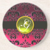 BLACK EN PINK DAMASK Yellow Topaz Monogram Zandsteen Onderzetter (Voorkant)