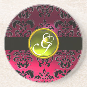 BLACK EN PINK DAMASK Yellow Topaz Monogram Zandsteen Onderzetter