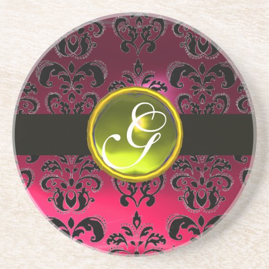 BLACK EN PINK DAMASK Yellow Topaz Monogram Zandsteen Onderzetter (Voorkant)