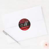 BLACK EN RED BURGUNDY DAMASK MONOGRAM, Ruby Ronde Sticker (Envelop)