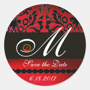 BLACK EN RED BURGUNDY DAMASK MONOGRAM, Ruby Ronde Sticker