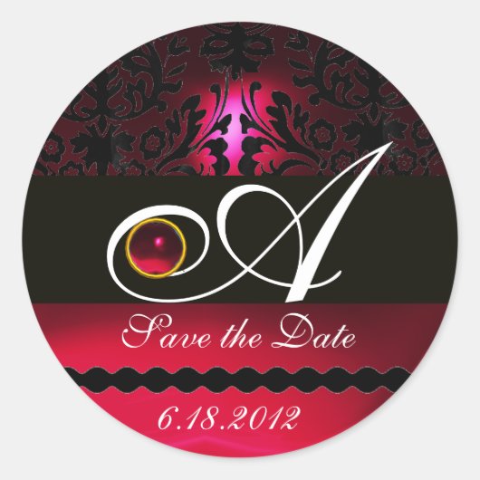 BLACK EN RED BURGUNDY DAMASK MONOGRAM, Ruby Ronde Sticker (Voorkant)