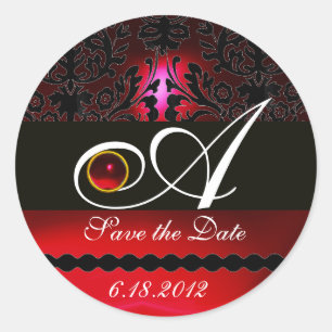 BLACK EN RED BURGUNDY DAMASK MONOGRAM, Ruby Ronde Sticker