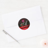 BLACK EN RED BURGUNDY DAMASK MONOGRAM, Ruby Ronde Sticker (Envelop)