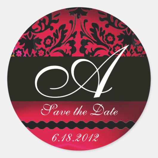 BLACK EN RED BURGUNDY DAMASK MONOGRAM, Ruby Ronde Sticker (Voorkant)