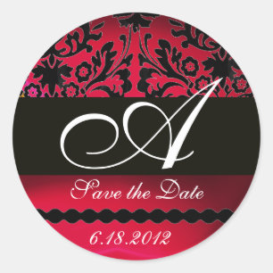 BLACK EN RED BURGUNDY DAMASK MONOGRAM, Ruby Ronde Sticker