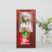BLACK EN RED DAMASK Green Emerald Monogram Feestdagenkaart (Staand voorkant)