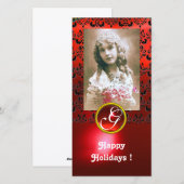 BLACK EN RED DAMASK Ruby Monogram Feestdagenkaart (Voorkant / Achterkant)
