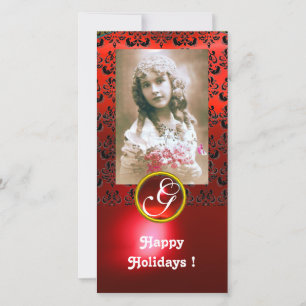 BLACK EN RED DAMASK Ruby Monogram Feestdagenkaart