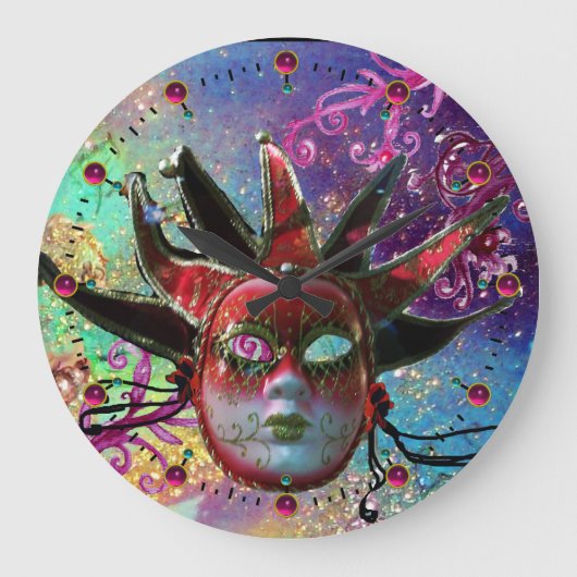 BLACK EN RED JESTER MASK Blue Masquerade Party Grote Klok (Voorkant)