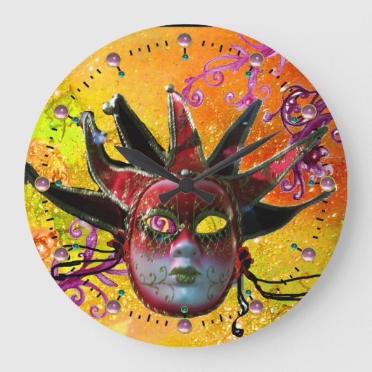 BLACK EN RED JESTER MASK Masquerade Party Yellow Grote Klok (Voorkant)