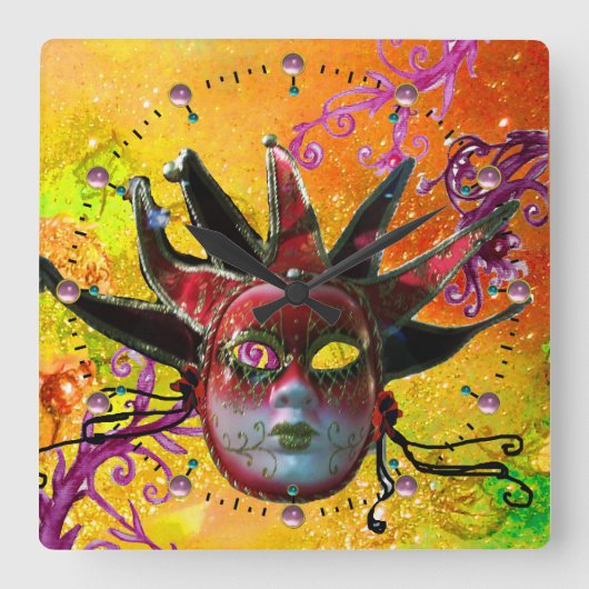 BLACK EN RED JESTER MASK Masquerade Party Yellow Vierkante Klok (Voorkant)