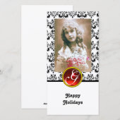 BLACK EN WITTE DAMASK Red Ruby Monogram Feestdagenkaart (Voorkant / Achterkant)
