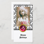 BLACK EN WITTE DAMASK Red Ruby Monogram Feestdagenkaart (Voorkant / Achterkant)