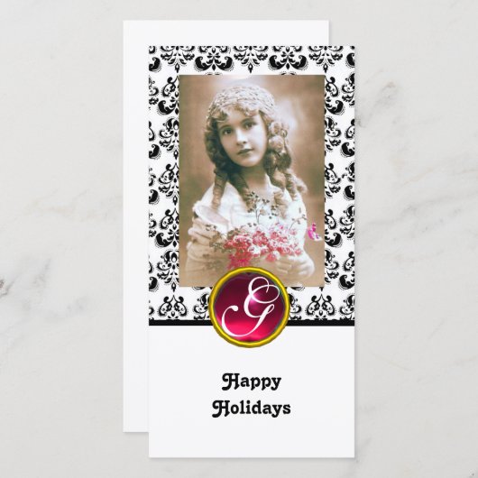 BLACK EN WITTE DAMASK Red Ruby Monogram Feestdagenkaart (Voorkant / Achterkant)