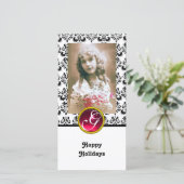 BLACK EN WITTE DAMASK Red Ruby Monogram Feestdagenkaart (Staand voorkant)