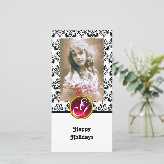 BLACK EN WITTE DAMASK Red Ruby Monogram Feestdagenkaart (Staand voorkant)