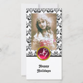 BLACK EN WITTE DAMASK Red Ruby Monogram Feestdagenkaart (Voorkant)