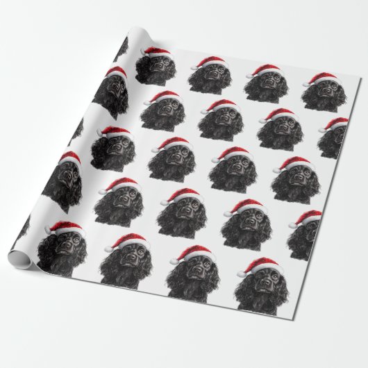 Black English Cocker Spaniel Dog with Santa Hat Cadeaupapier (Uitgerold)