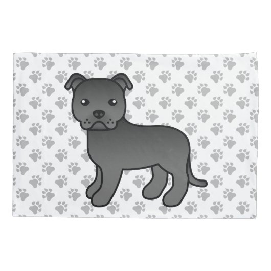 Black English Staffie Cute Cartoon Dog & Paws Kussensloop (Achterkant)