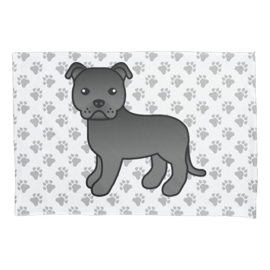 Black English Staffie Cute Cartoon Dog & Paws Kussensloop (Voorkant)