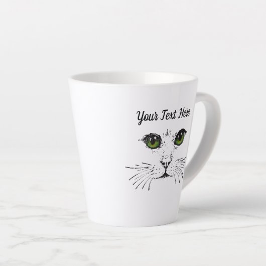 Black Etched Drawing Cat Face Green Eyes Latte Mok (Rechterhoek)