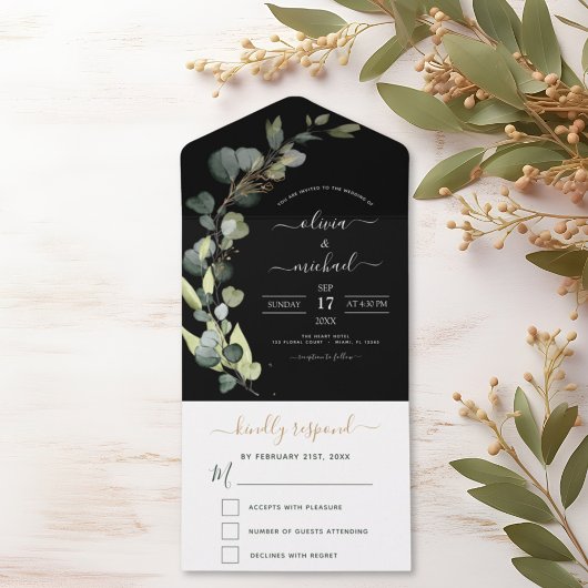 Black Eucalyptus Greenery Wedding Elegant Modern All In One Uitnodiging