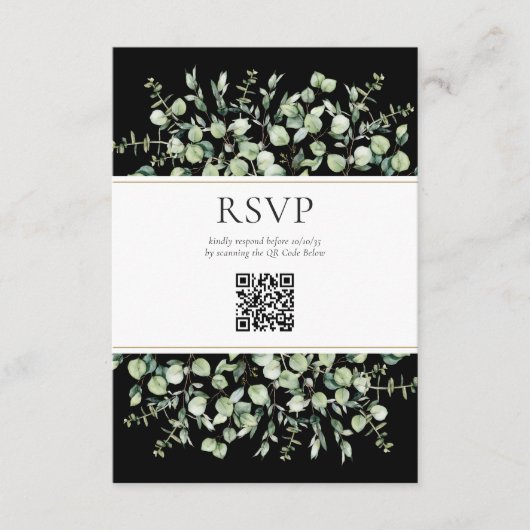 Black Eucalyptus QR Code Wedding RSVP  Informatiekaartje (Voorkant)