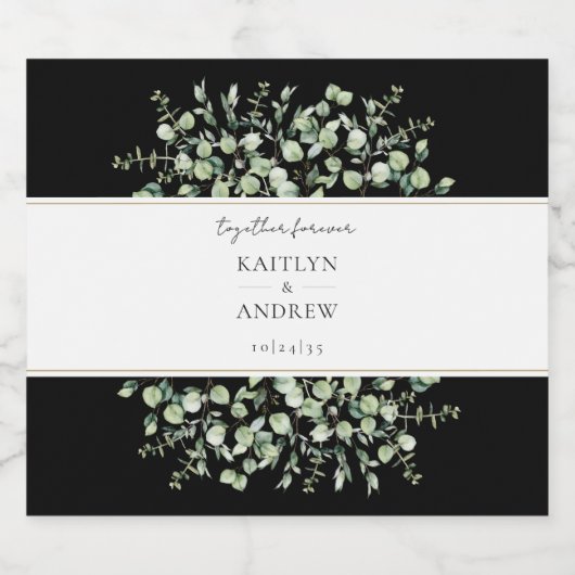 Black Eucalyptus Together Forever Wedding  Sparkling Wijnetiket (Enkel label)