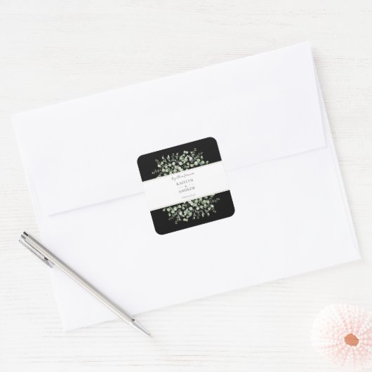 Black Eucalyptus Together Forever Wedding Vierkante Sticker (Envelop)