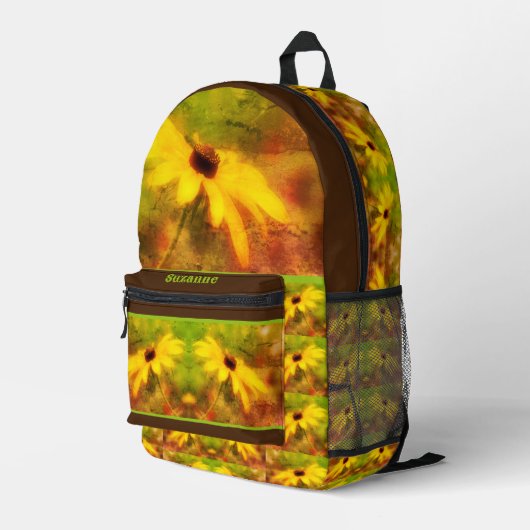 Black Eyed Susan Daisy Distsed Personalized Bedrukte Rugzak (Achterkant Hoek Rechts)