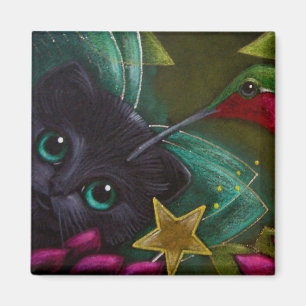 BLACK FAIRY KITTEN CAT EN HUMMINGBIRD Magnet