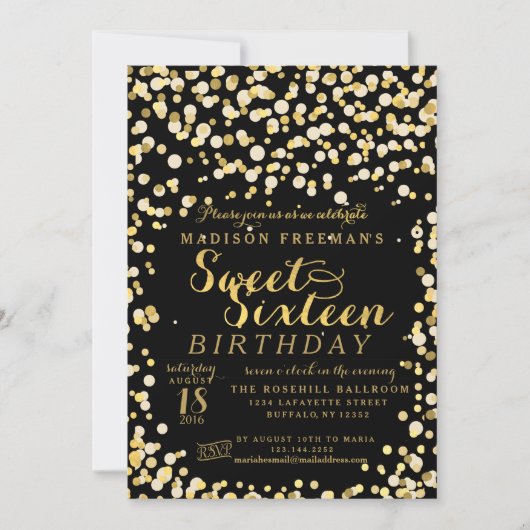 Black Fake Gold Foil Confetti Sweet 16 Party Kaart (Voorkant)