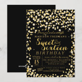 Black Fake Gold Foil Confetti Sweet 16 Party Kaart (Voorkant / Achterkant)
