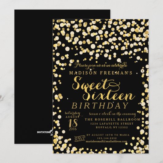 Black Fake Gold Foil Confetti Sweet 16 Party Kaart (Voorkant / Achterkant)