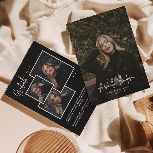 Black Fancy Script Photo Collage Afstuderen Aankondiging