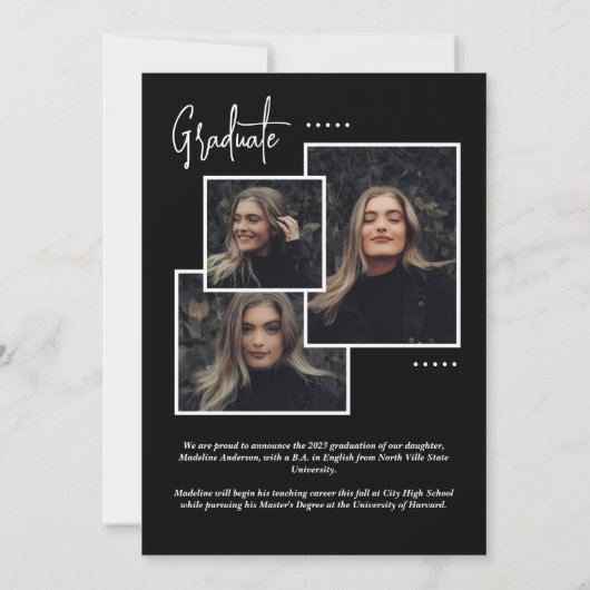 Black Fancy Script Photo Collage Afstuderen Aankondiging (Achterkant)