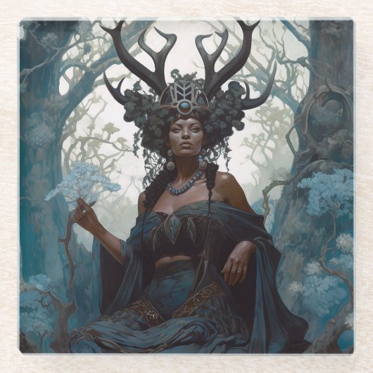Black Fantasy Sorceress Magic Fantasy Glazen Onderzetter (Voorkant)