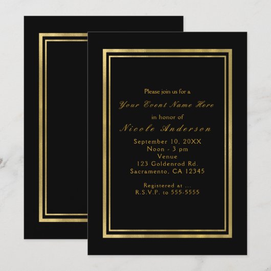 Black & Faux Folie Gold Chic Elegant Uitnodigingen (Voorkant / Achterkant)